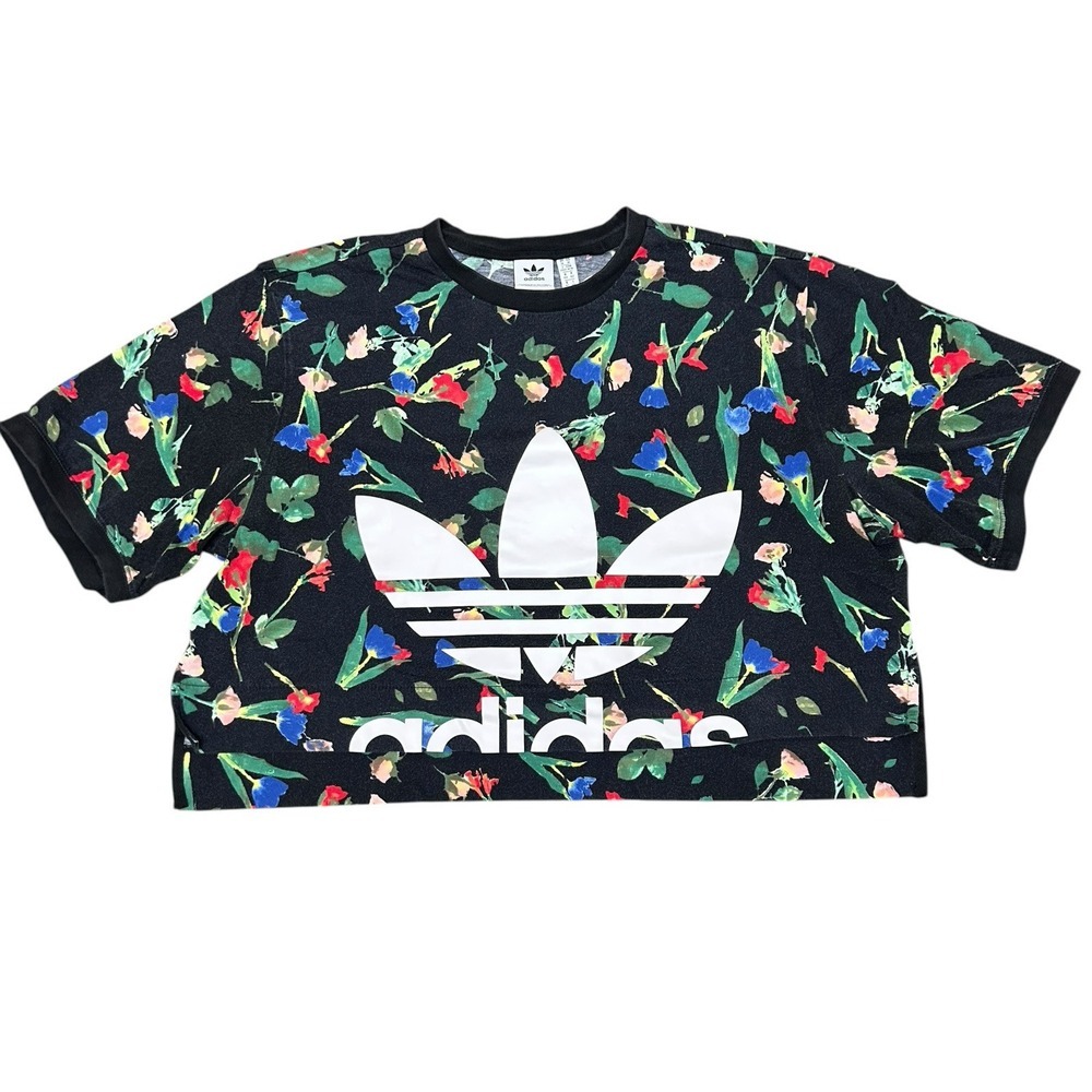 adidas Black Floral Trefoil Crop Tee